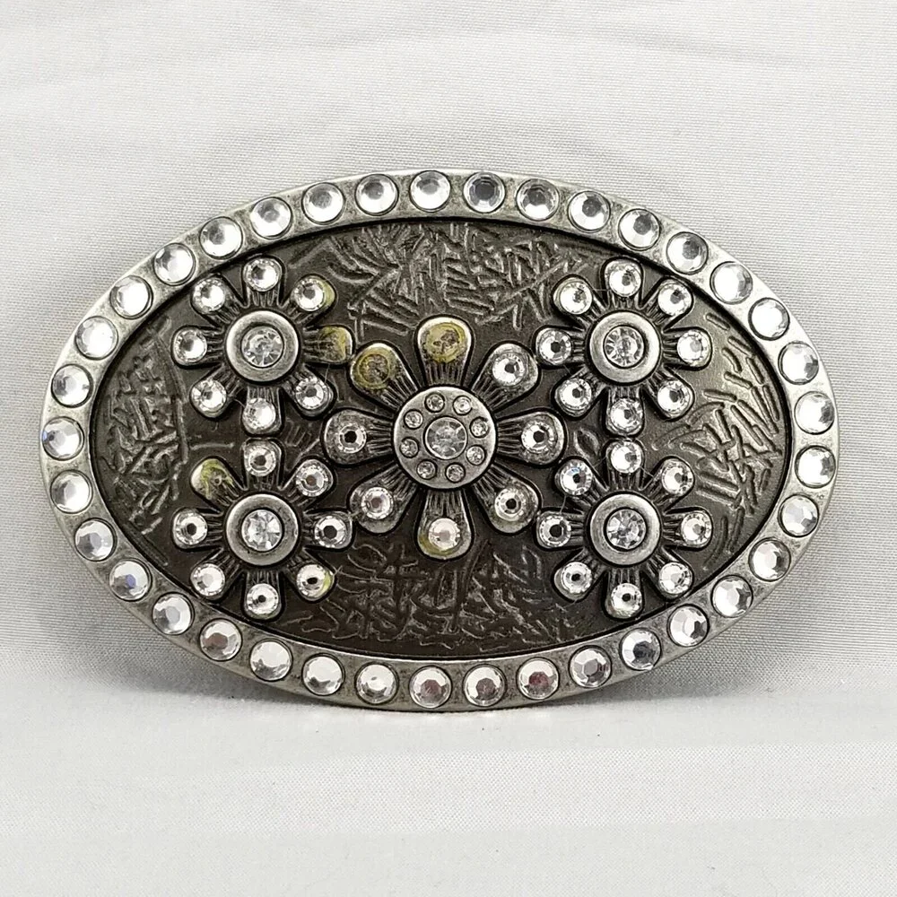 Vintage Belt Buckle Womens Oval‎ Stars Rhinestones Embossed Etched Unique